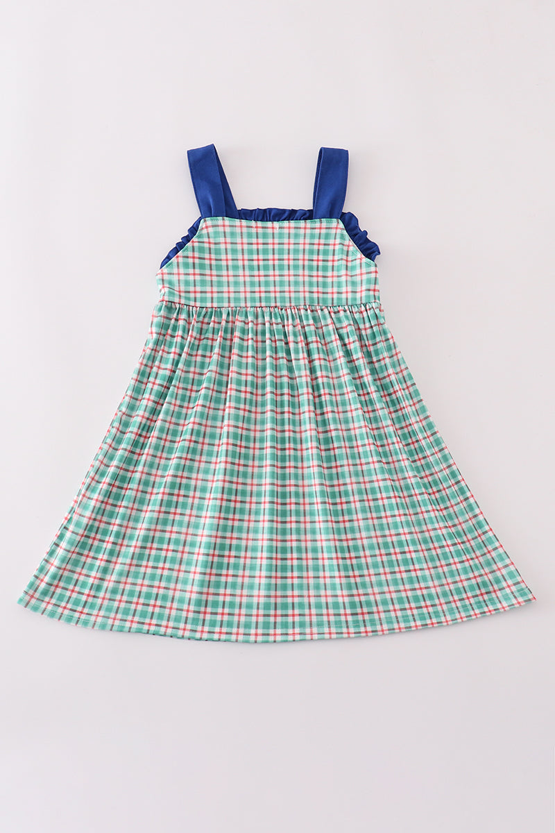 Classic blue plaid dress with hand-stitched apple detail – Cloudling Kids