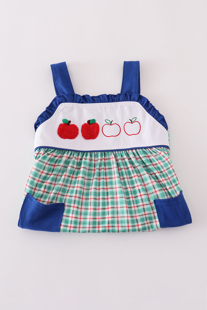 Girls blue apple French knot plaid dress – Cloudling Clothing