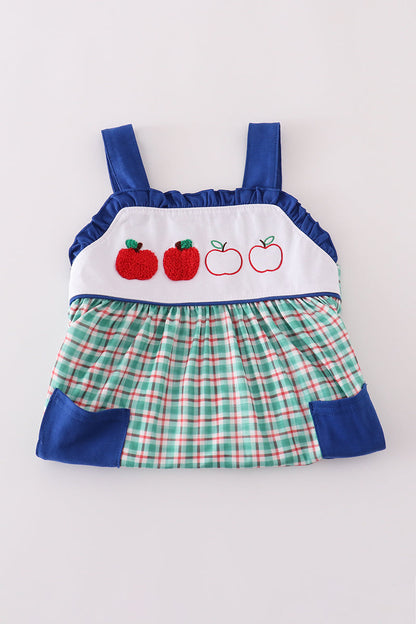 Girls blue apple French knot plaid dress – Cloudling Clothing
