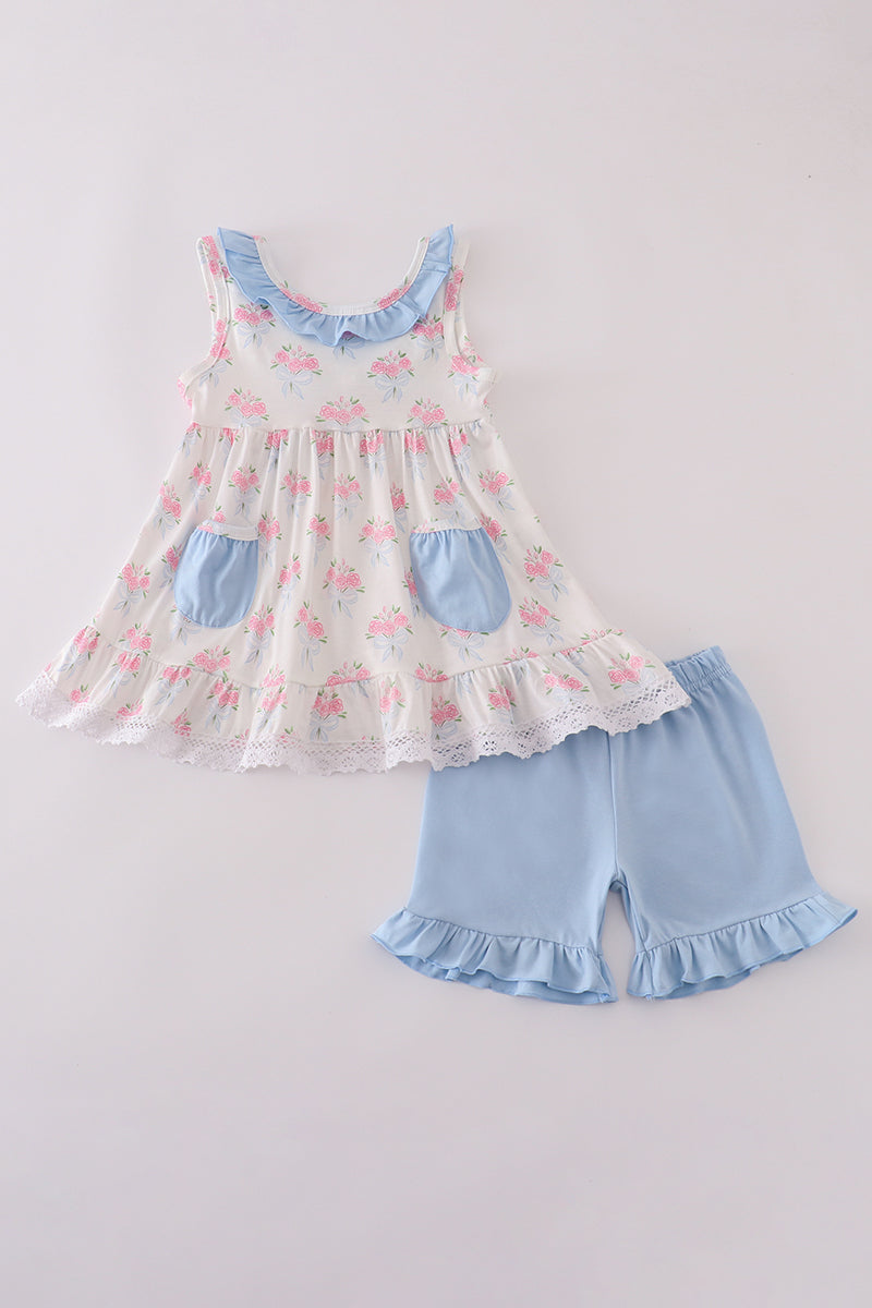Girls blue floral print ruffle shorts set.