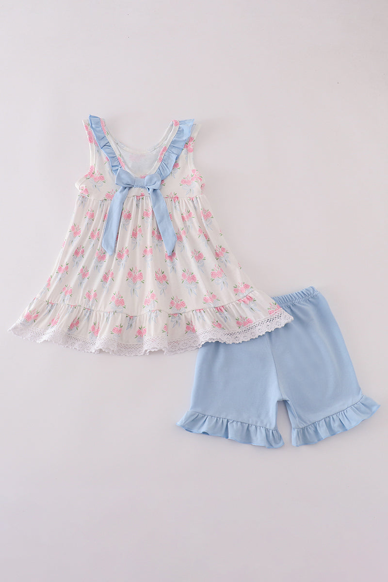 Toddler girls comfortable blue floral print shorts set with ruffles.