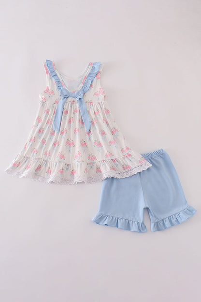 Toddler girls comfortable blue floral print shorts set with ruffles.