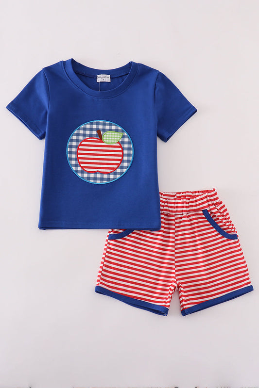 Blue apple applique stripe shorts set