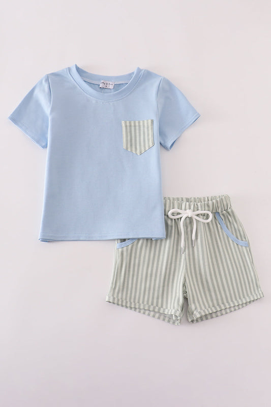 Blue stripe pocket shorts set