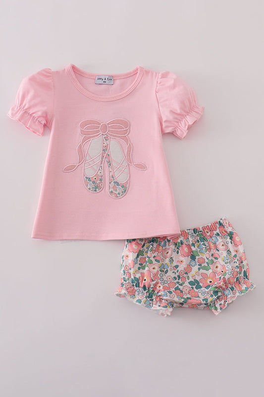 Pink ballet shoe applique bloomer set