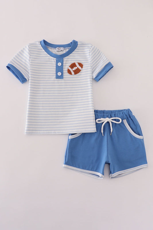 Blue stripe football french knot embroidery shorts set