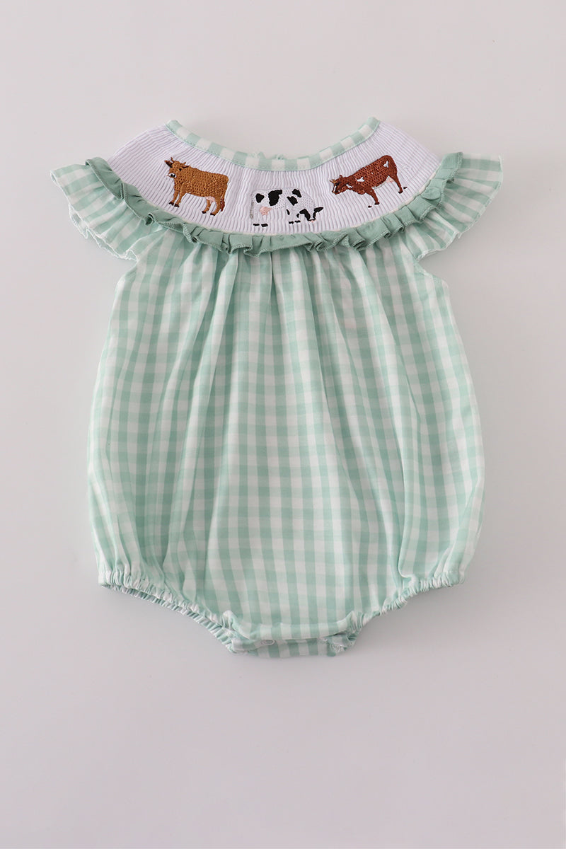 Green cow embroidery smocked gingham ruffle bubble