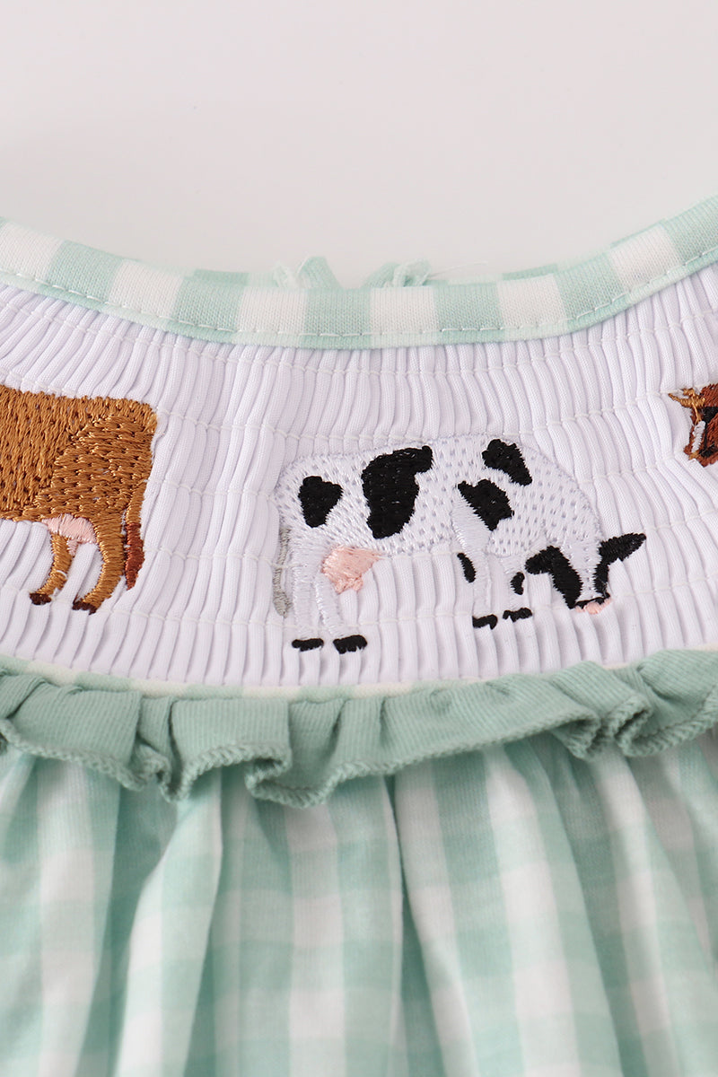 Green cow embroidery smocked gingham ruffle bubble