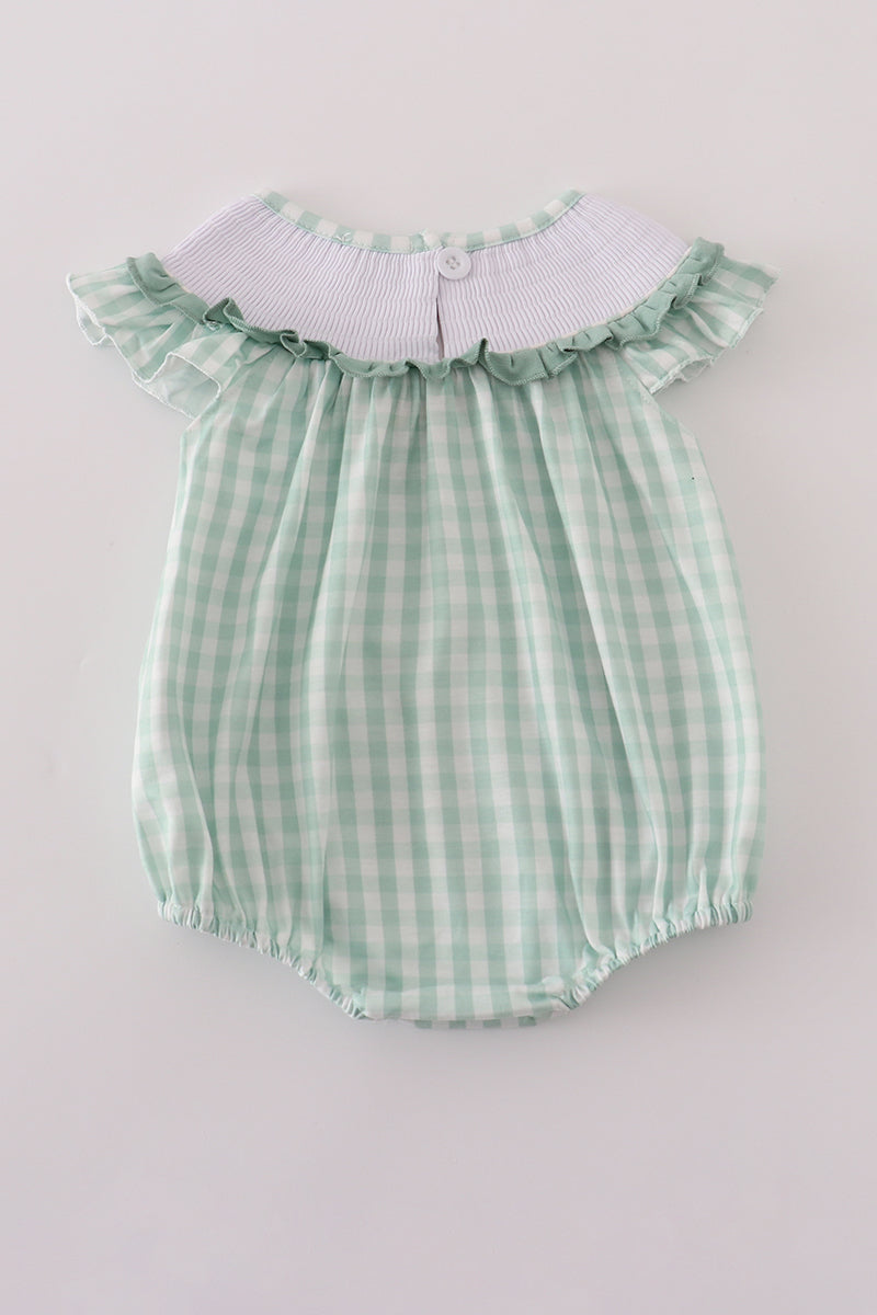 Green cow embroidery smocked gingham ruffle bubble