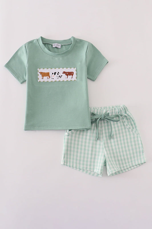 Green cow embroidery smocked gingham shorts set