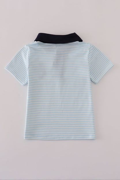 Blue stripe character embroidery button down shirt