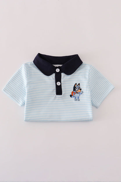 Blue stripe character embroidery button down shirt