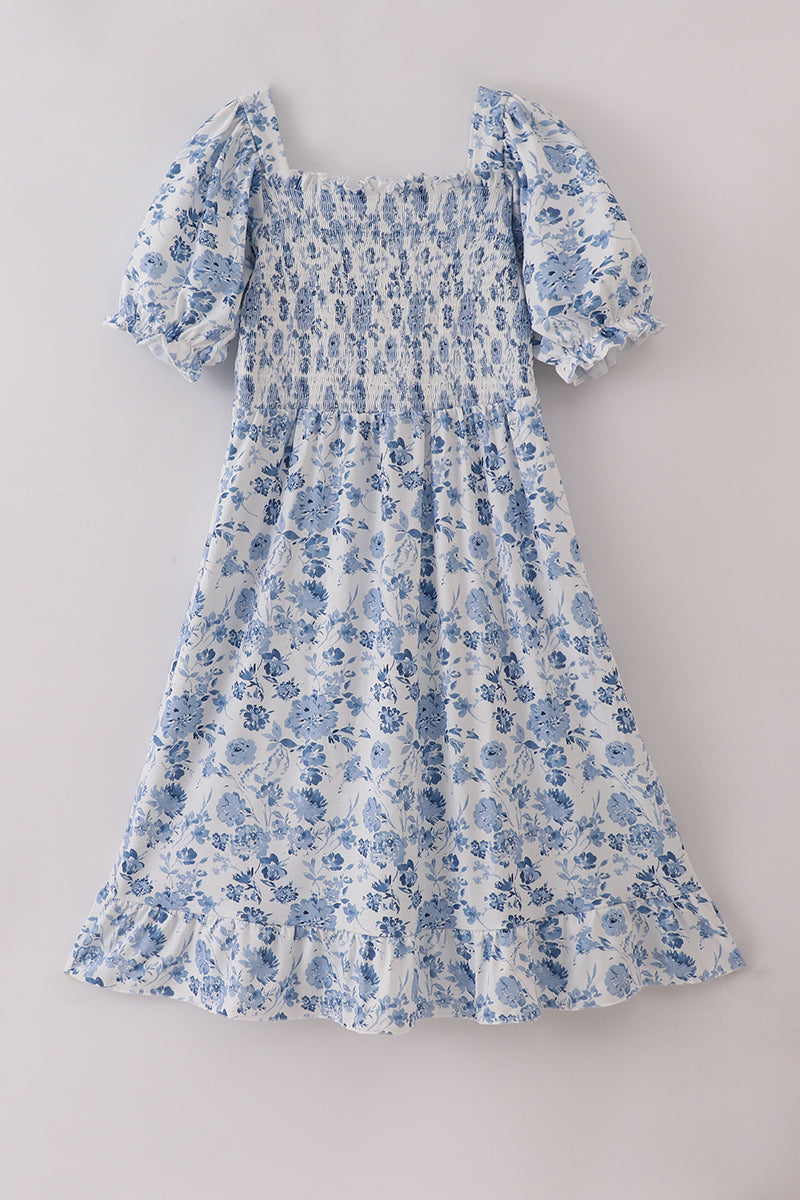 Blue smocked floral print mom dress - Cloudling Kids Clothing
