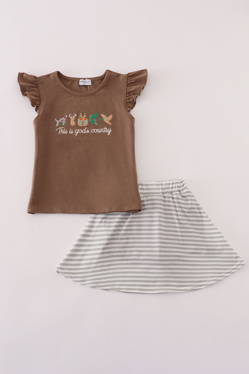 Brown  god's country embroidery skorts set