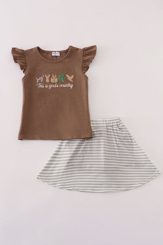 Brown  god's country embroidery skorts set