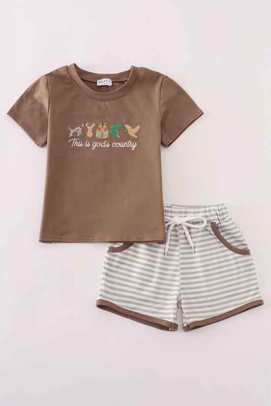 Brown god's country embroidery shorts set