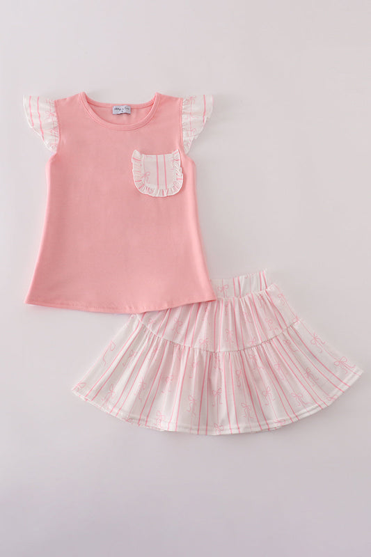 Pink stripe bow print ruffle skorts set