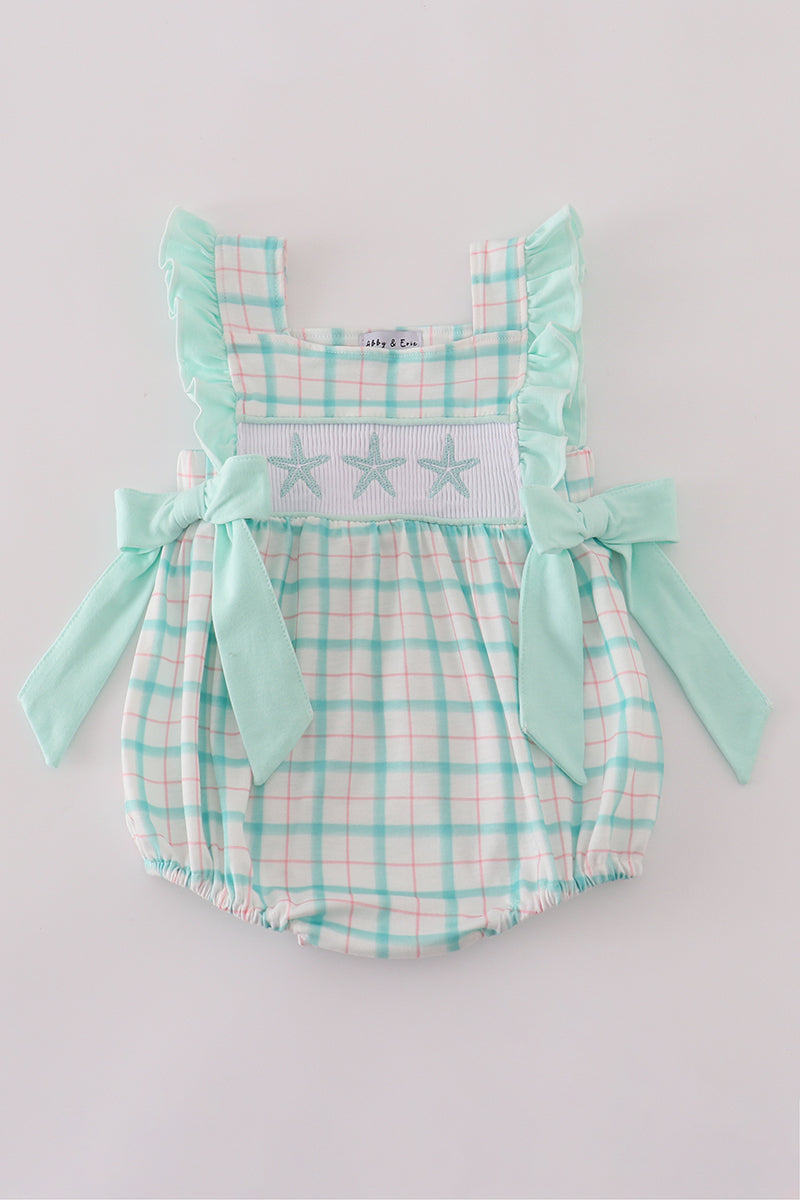 Green starfish embroidery smocked ruffle bubble