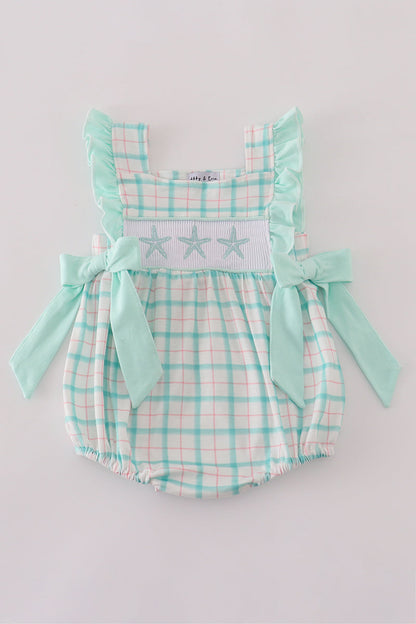Green starfish embroidery smocked ruffle bubble