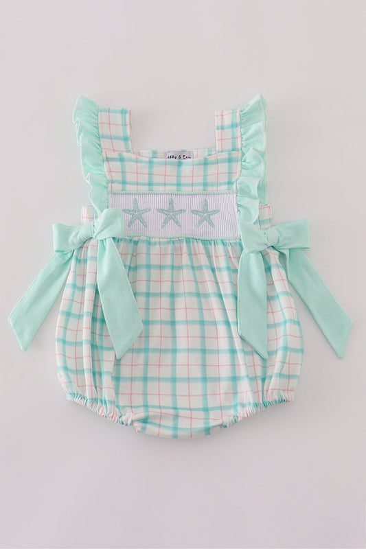 Green starfish embroidery smocked ruffle bubble