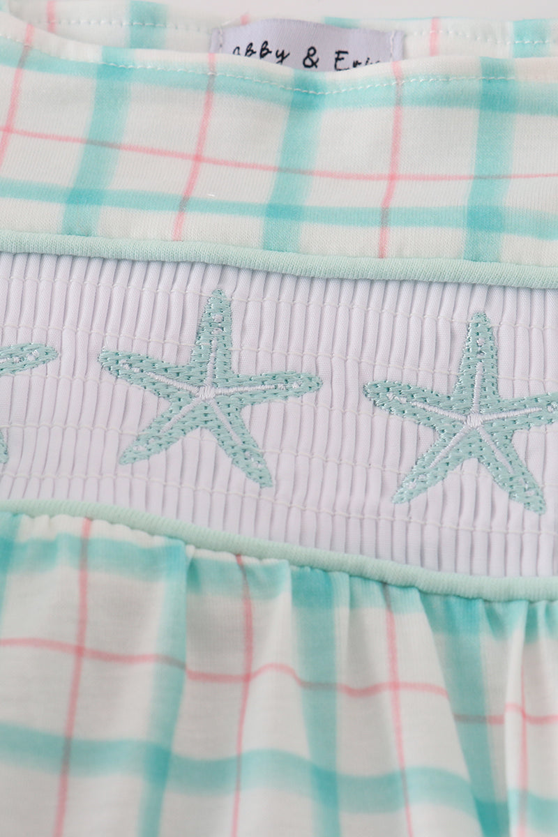 Green starfish embroidery smocked ruffle bubble