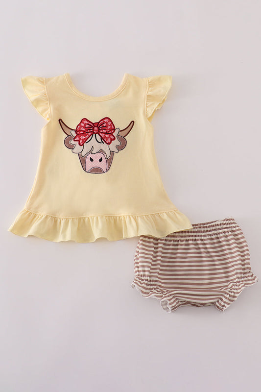 Highland cow applique ruffle bloomer set