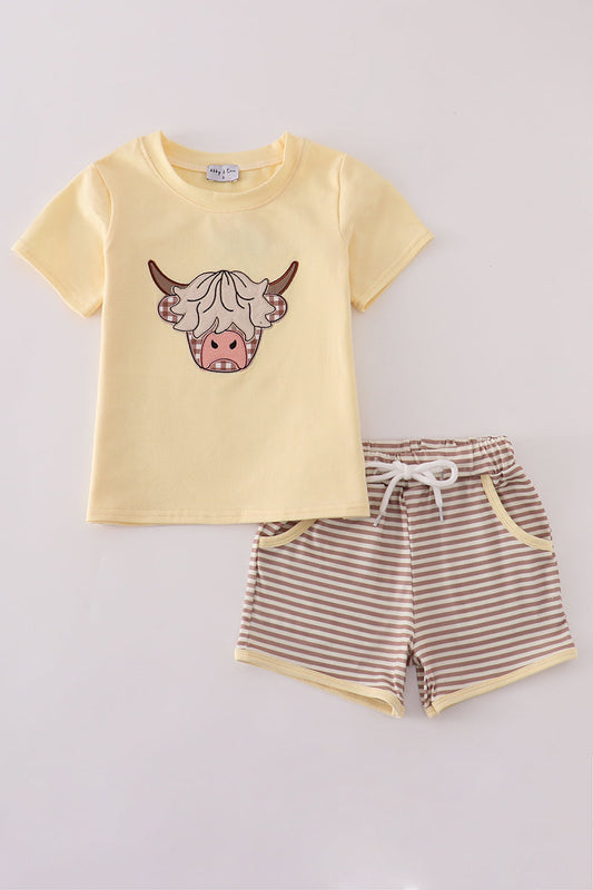 Highland cow applique shorts set