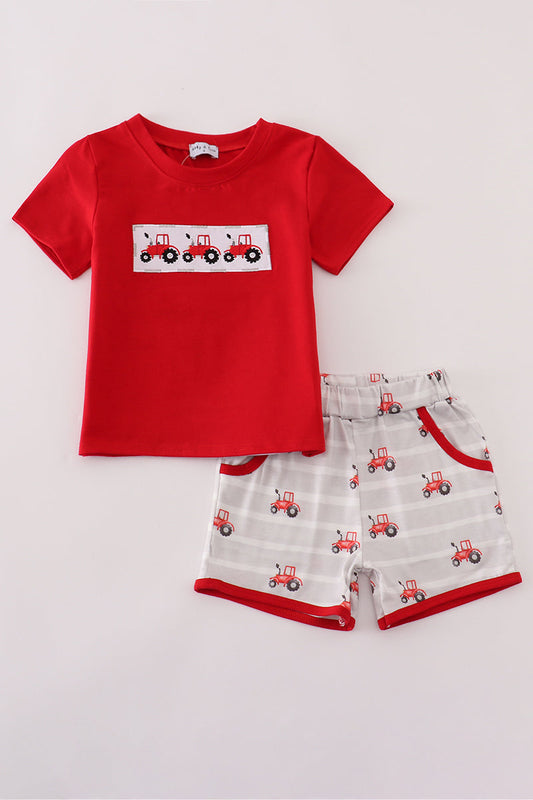 Red tractor embroidery shorts set