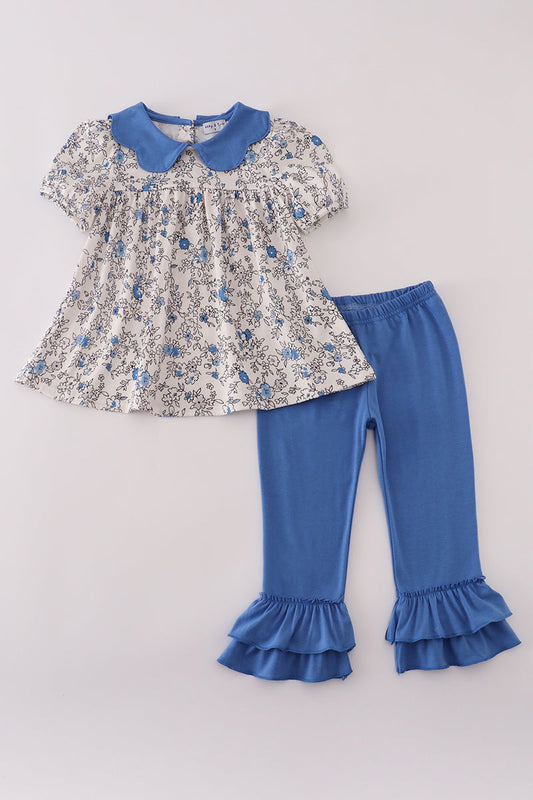 Blue vintage floral print ruffle pants set