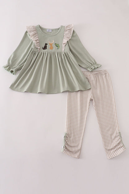 Blue dog deer embroidery ruffle pants set