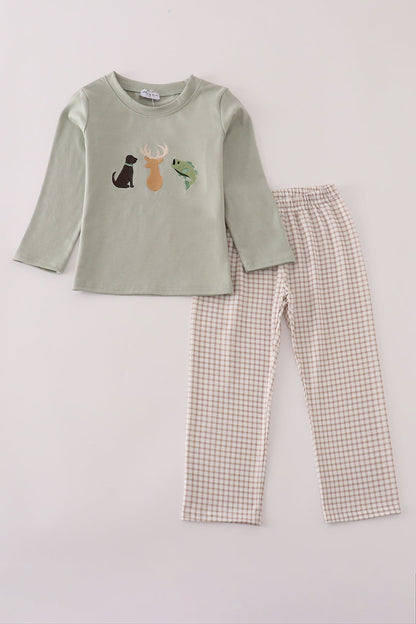 Blue dog deer embroidery pants set