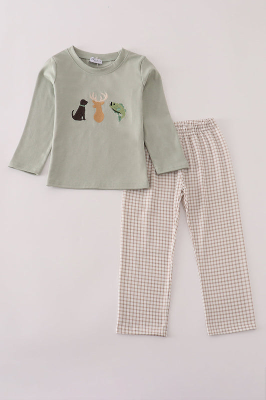 Blue dog deer embroidery pants set