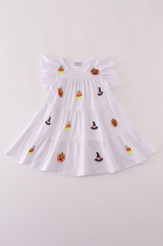 White ghost witch pumpkin sequin ruffle dress