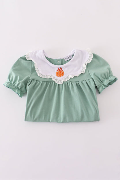 Green pumpkin bow embroidery dress