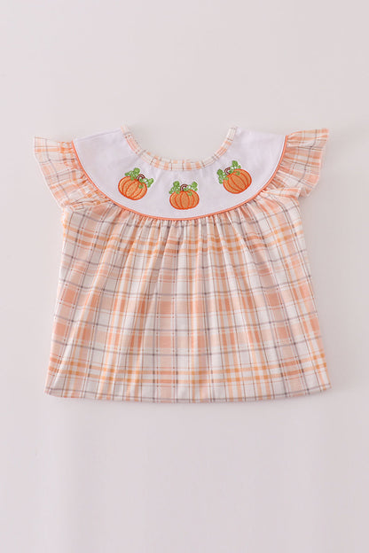 Orange pumpkin embroidery plaid ruffle pants set