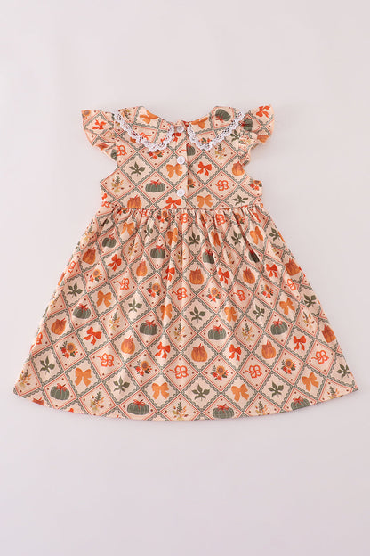 Green pumpkin bow print dress