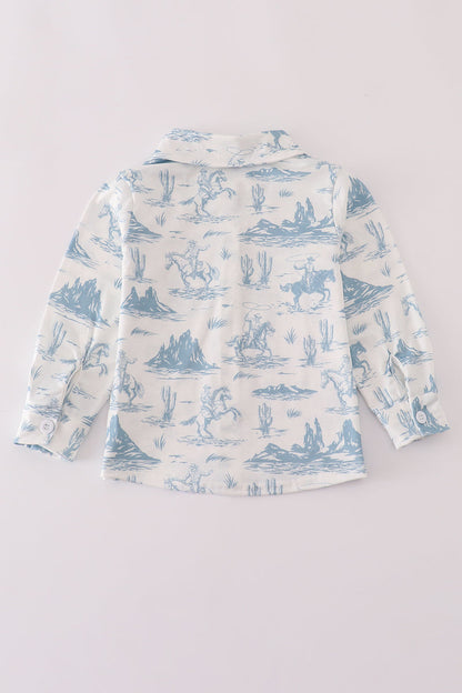 Blue cowboy print button down shirt
