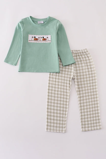 Green duck embroidery pants set