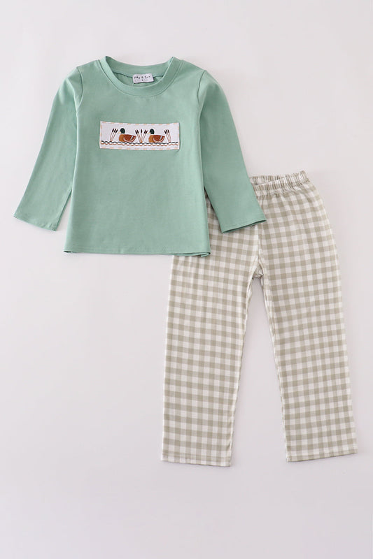 Green duck embroidery pants set