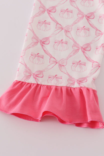 Pink bow tie pumpkin print ruffle pajamas set