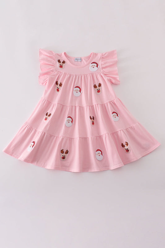 Pink santa claus reindeer sequin tiered ruffle dress