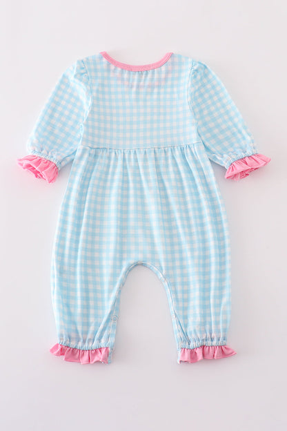 Blue farm embroidery gingham ruffle romper