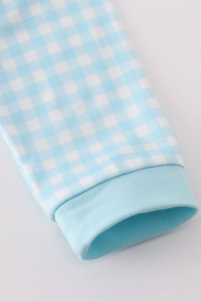 Blue farm embroidery gingham romper
