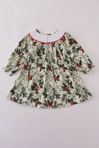 Green holly floral smocked dress