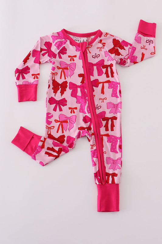 Pink bow print bamboo romper