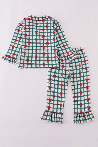 Green bow plaid ruffle pajamas set