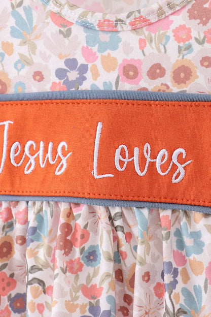 Jesus loves me embroidery floral print girl bloomers set