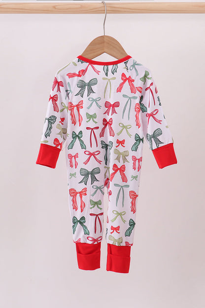 Red bow bamboo pajamas zipper romper