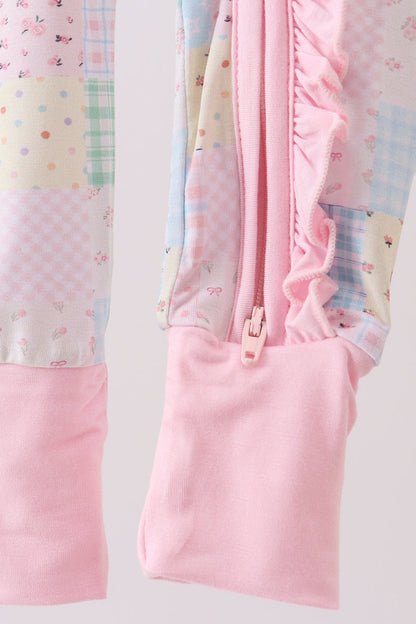 Pink floral checkered bamboo pajamas zipper romper