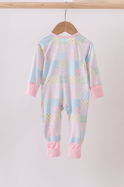 Pink floral checkered bamboo pajamas zipper romper
